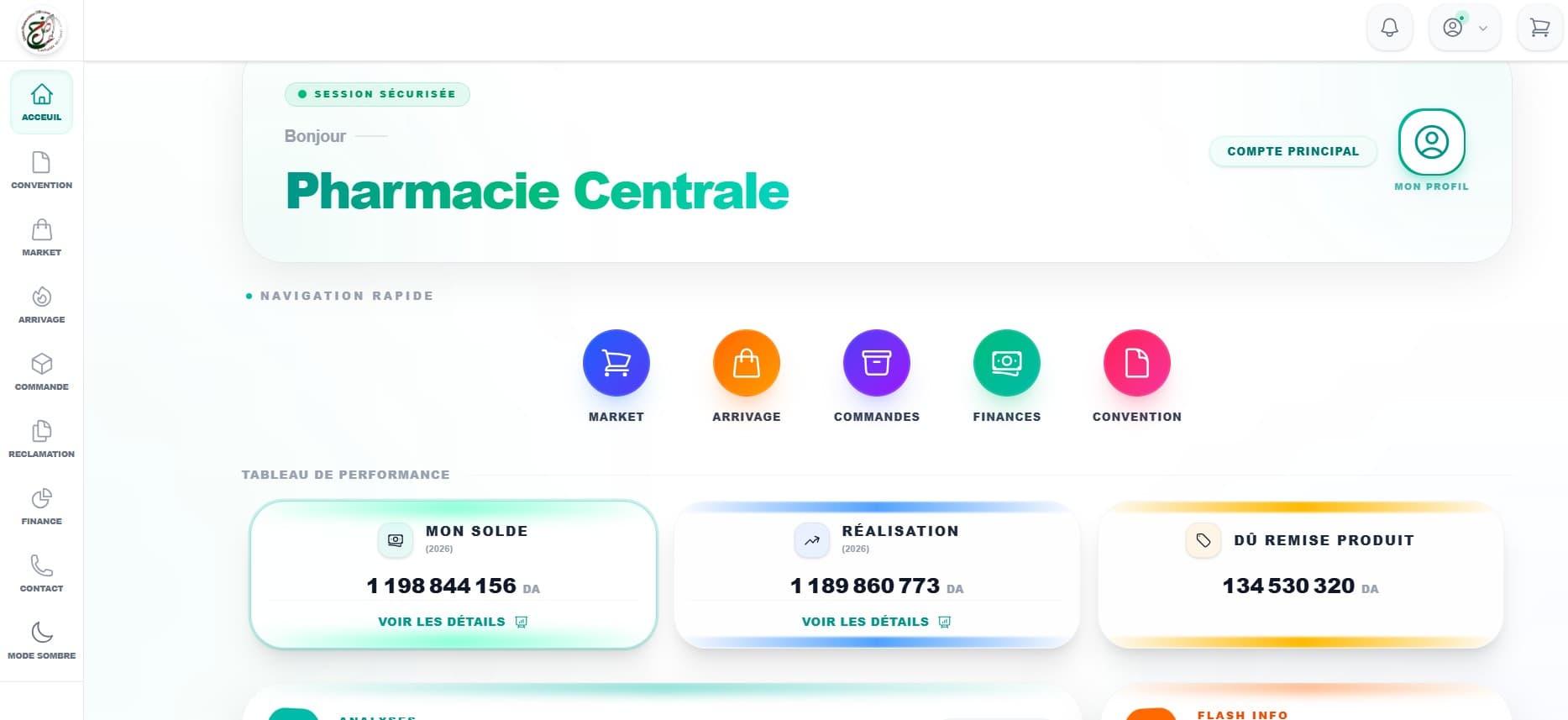 Vue d'ensemble du tableau de bord MyUPO sur PC avec KPI, graphiques et navigation